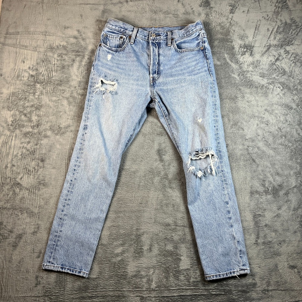 Levi's Premium 501 Skinny Jeans Women 29x28 Blue Light Wash Distressed Ripped
